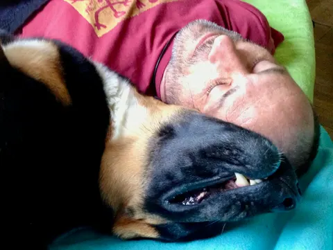 Hund und Mensch schlafen Kopf an Kopf